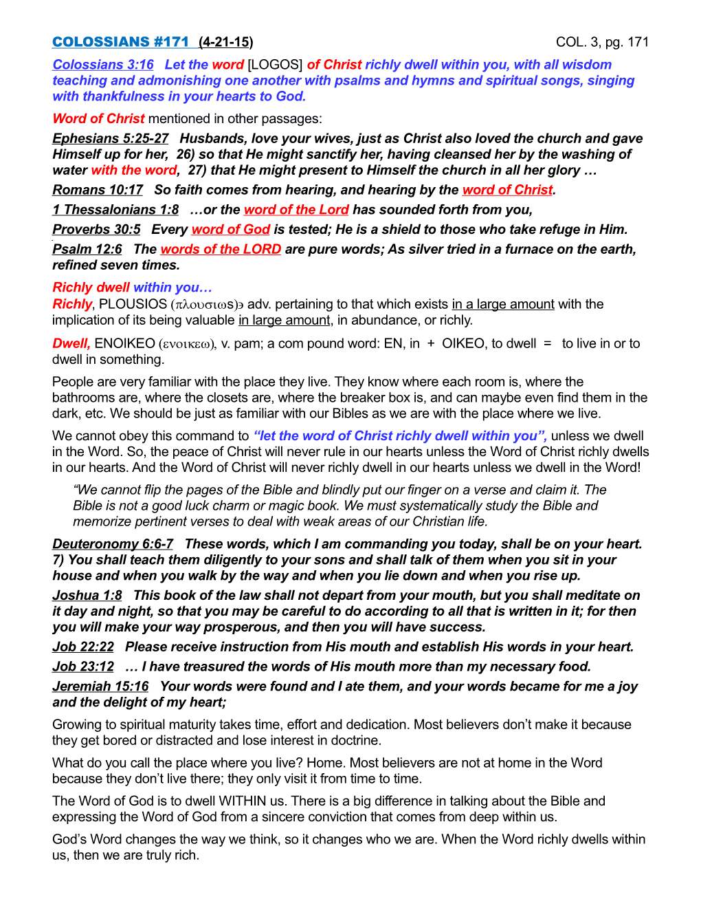 COLOSSIANS #171 (4-21-15) COL. 3, Pg. 171