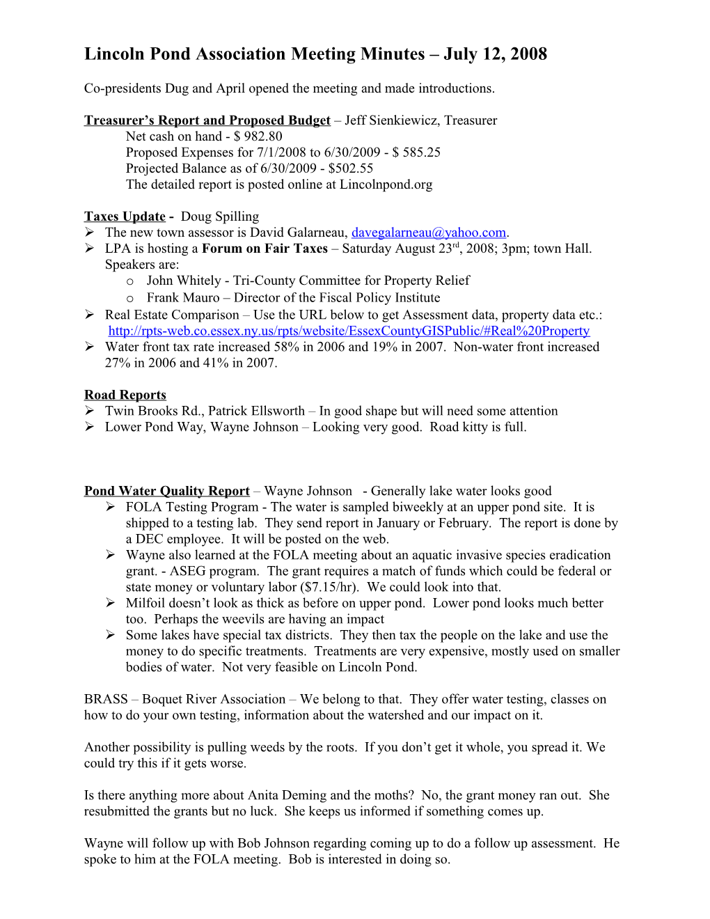 Lincoln Pond Association Meeting Minutes July 12, 2008