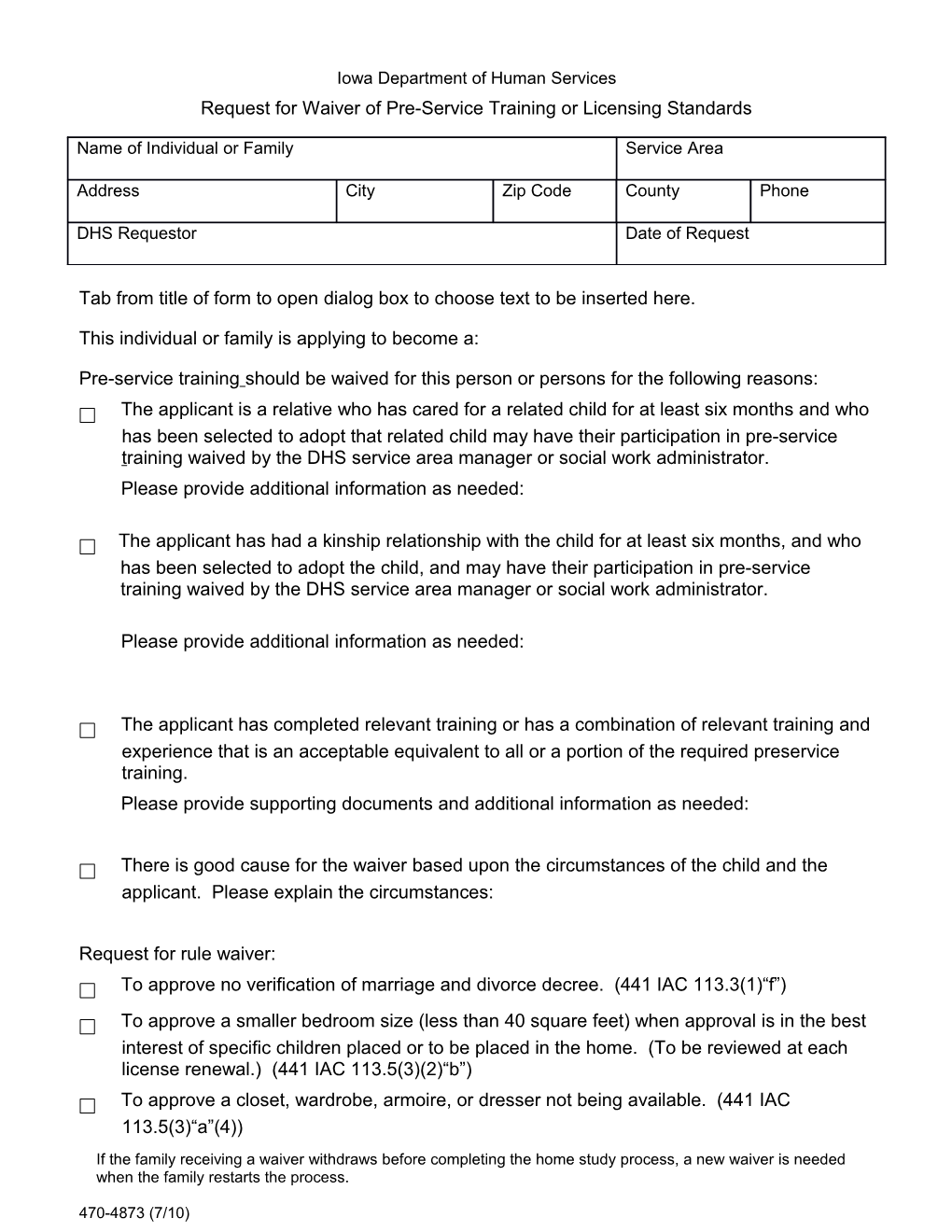 Request for Waiver of Pre-Service Training Or Licensing Standards