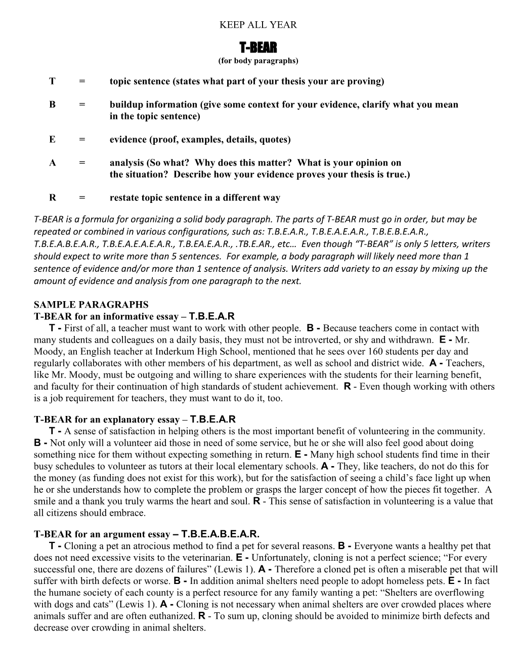 T=Topic Sentence (States What Part of Your Thesis Your Are Proving)