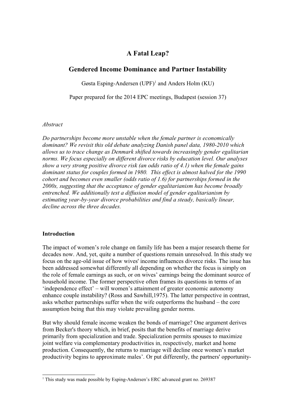 Paper Abstract for Families and Households (Convener: Testa)