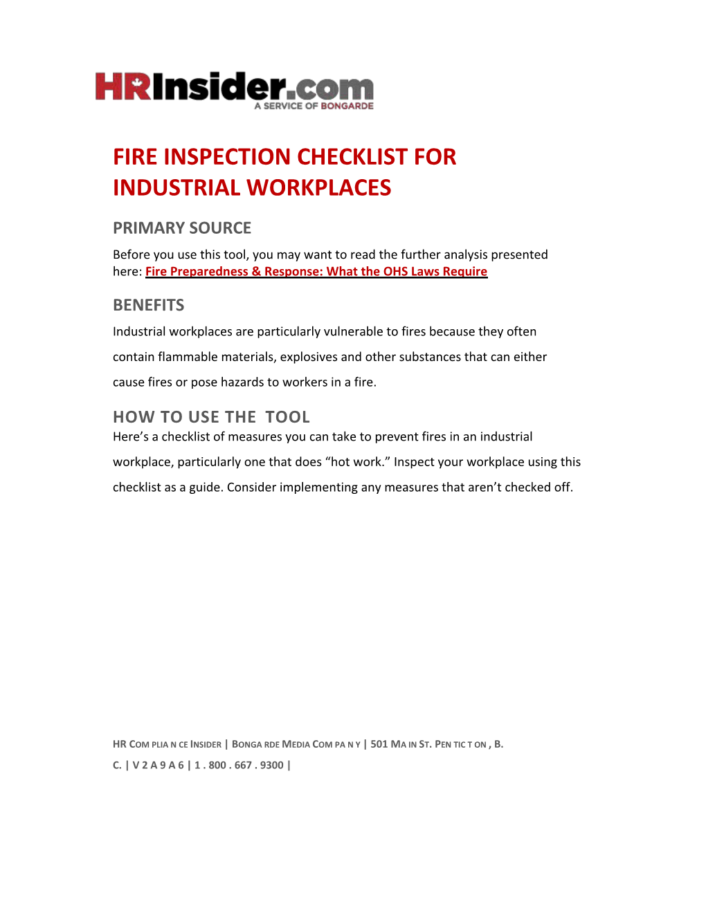 Fire Inspection Checklist for Industrial Workplaces