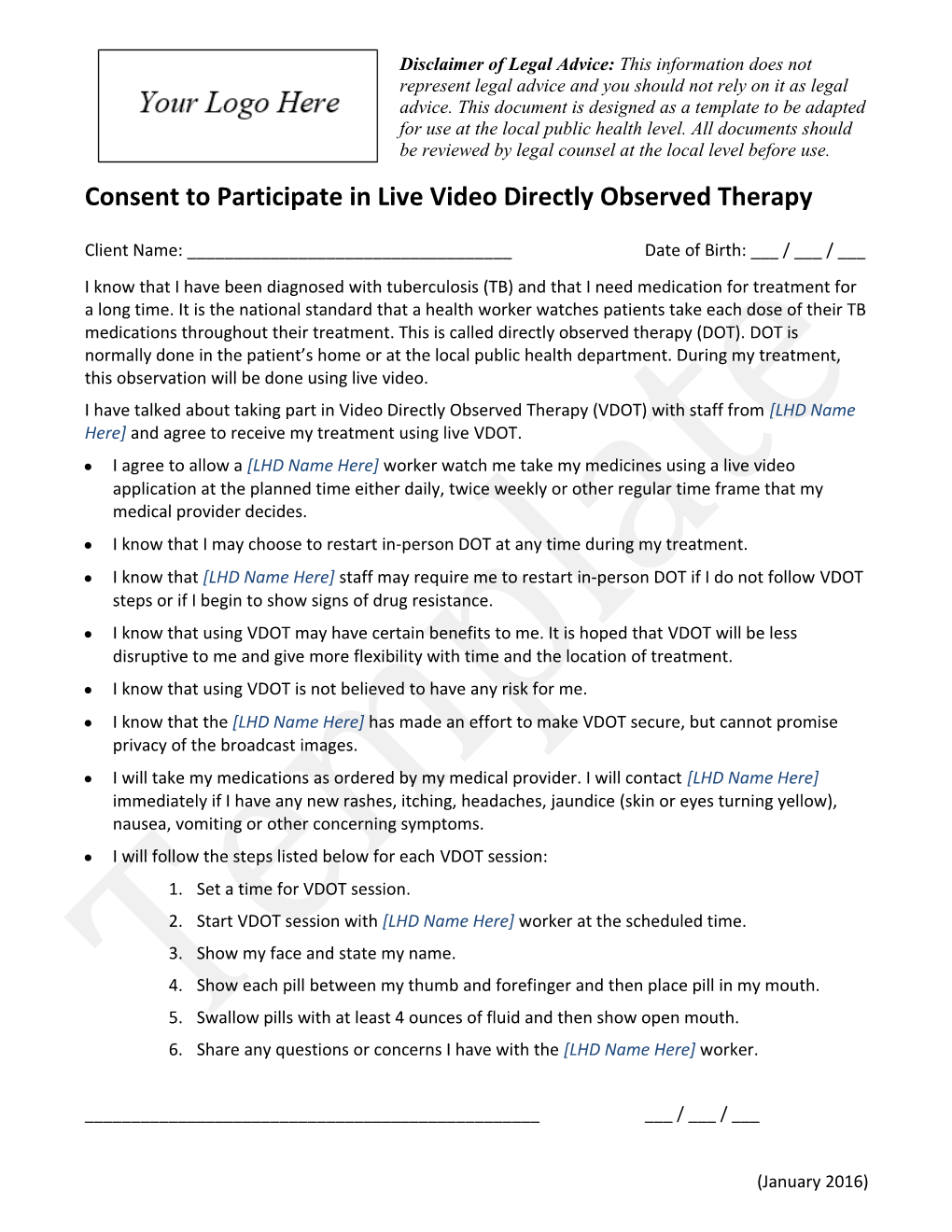 Consent to Participate in Live Video Directly Observed Therapy - Minnesota Dept. of Health