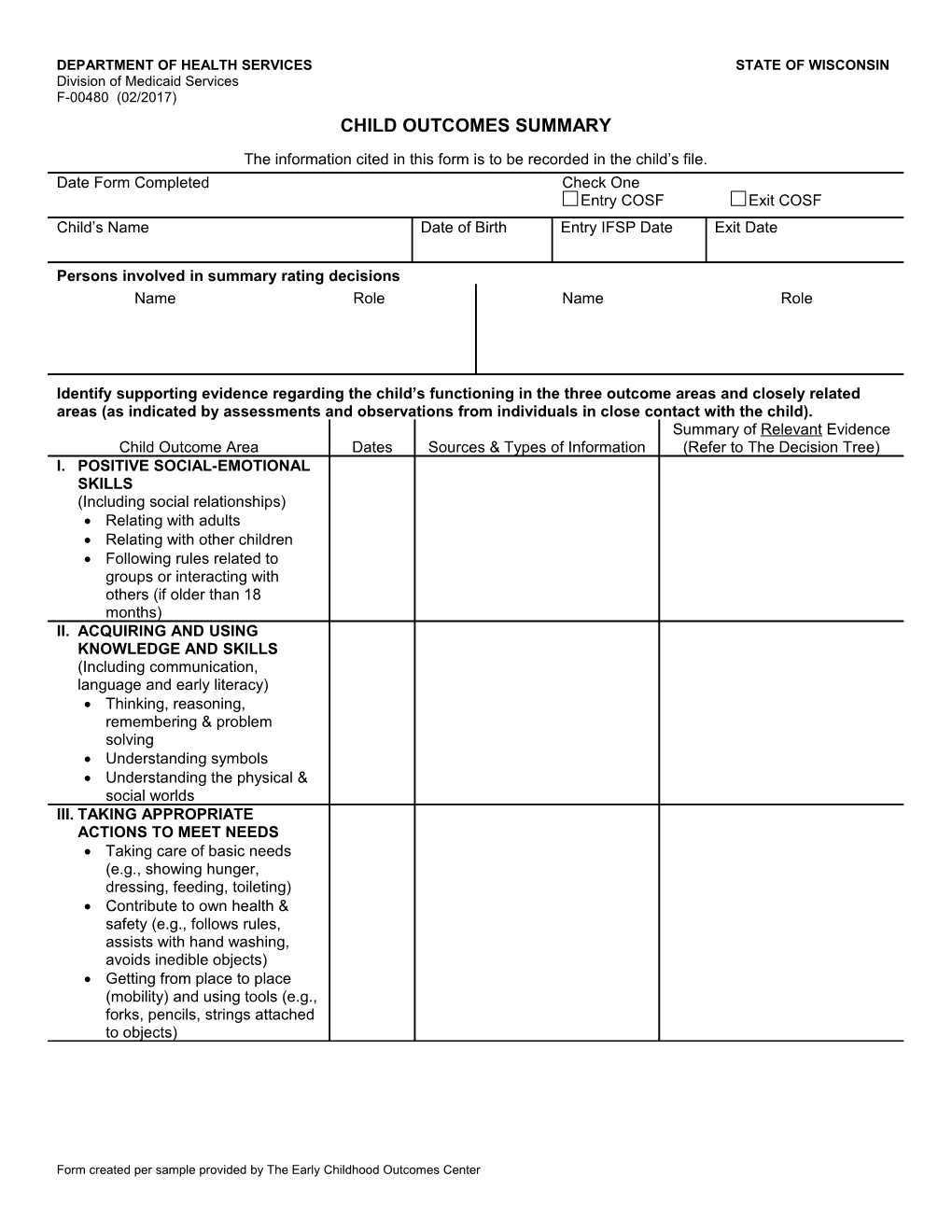 Child Outcomes Summary, F-00480