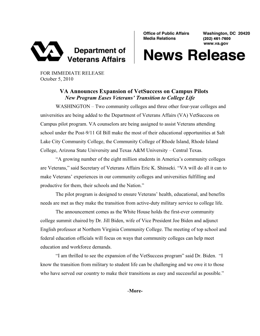 VA Announces Expansion of Vetsuccess on Campus Pilots