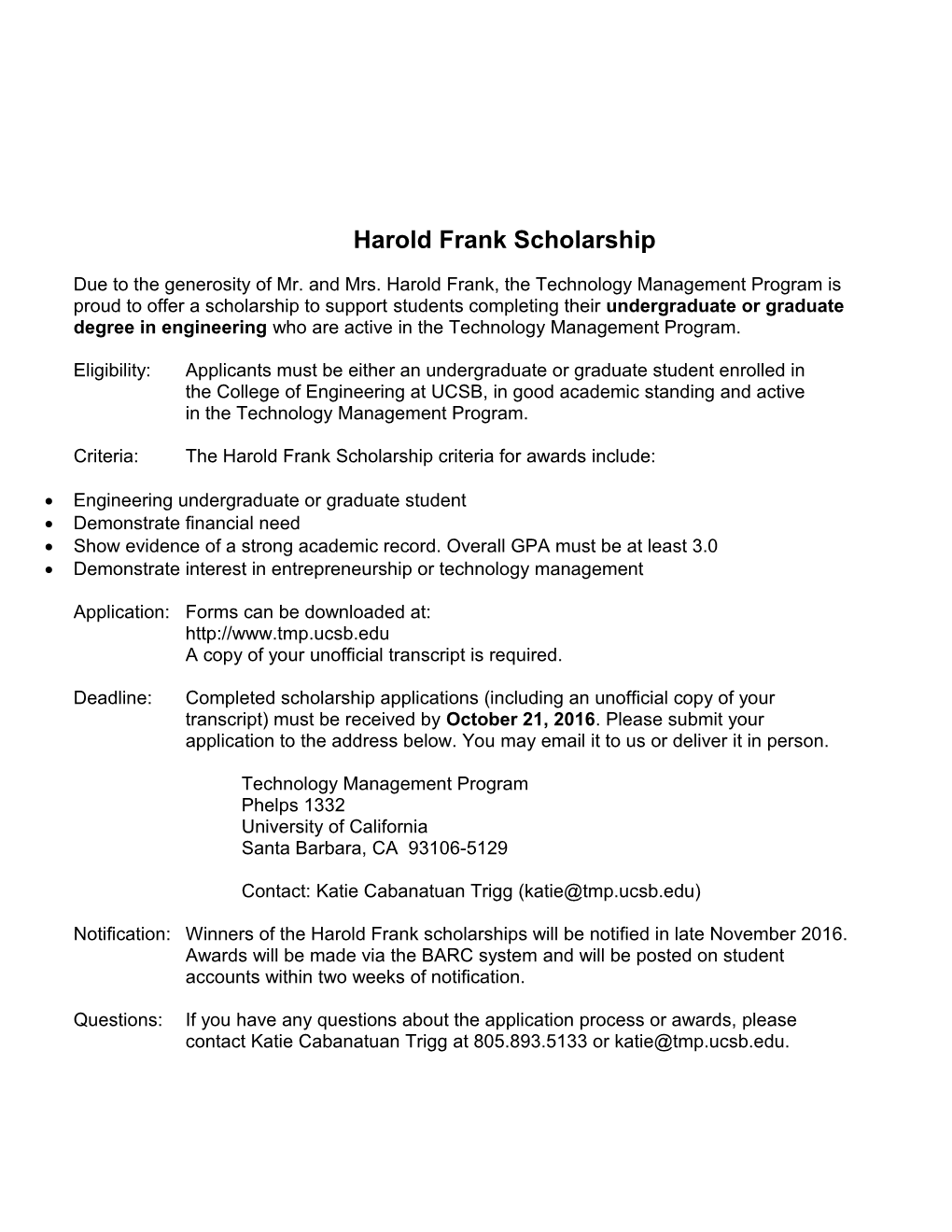 Harold Frank Scholarship