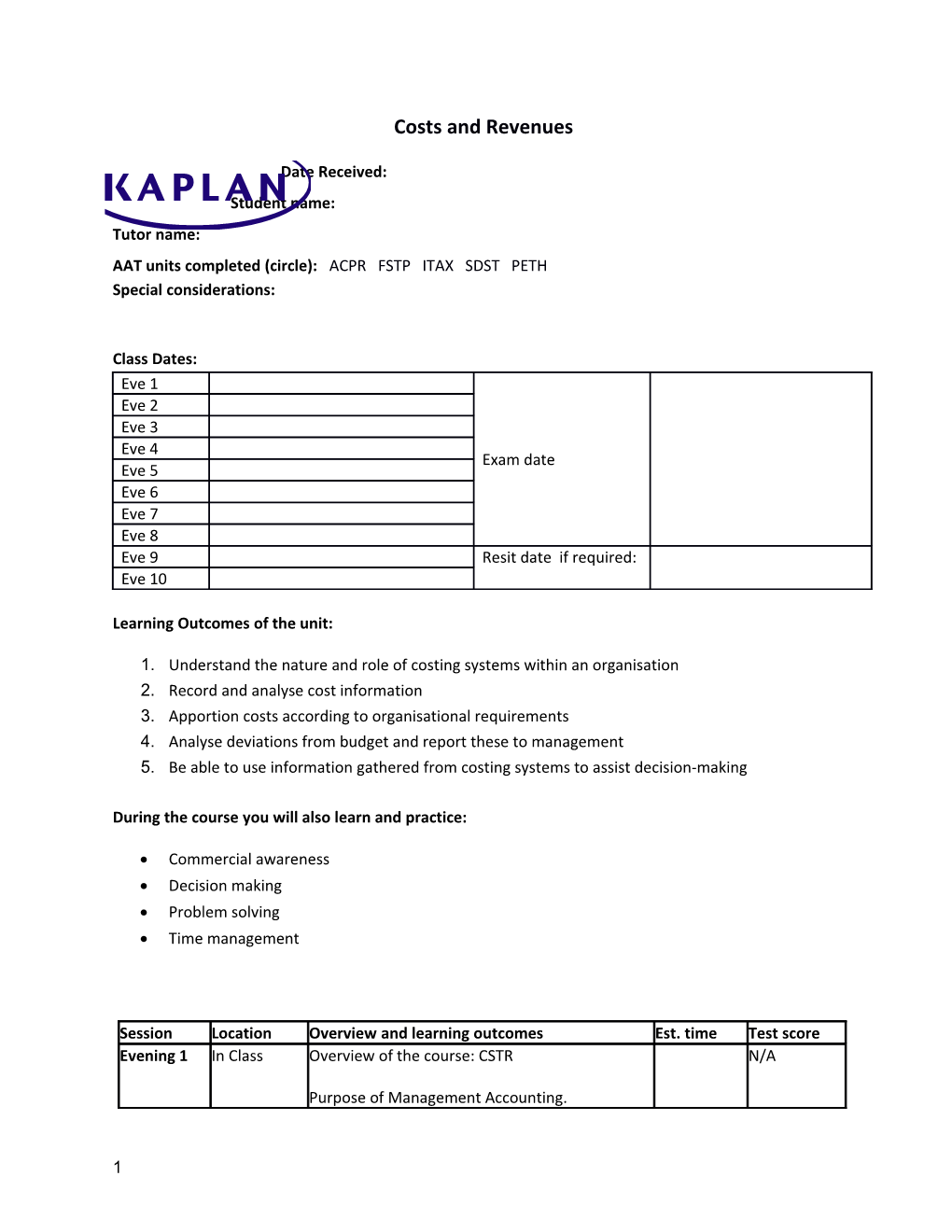 AAT Units Completed (Circle): ACPR FSTP ITAX SDST PETH