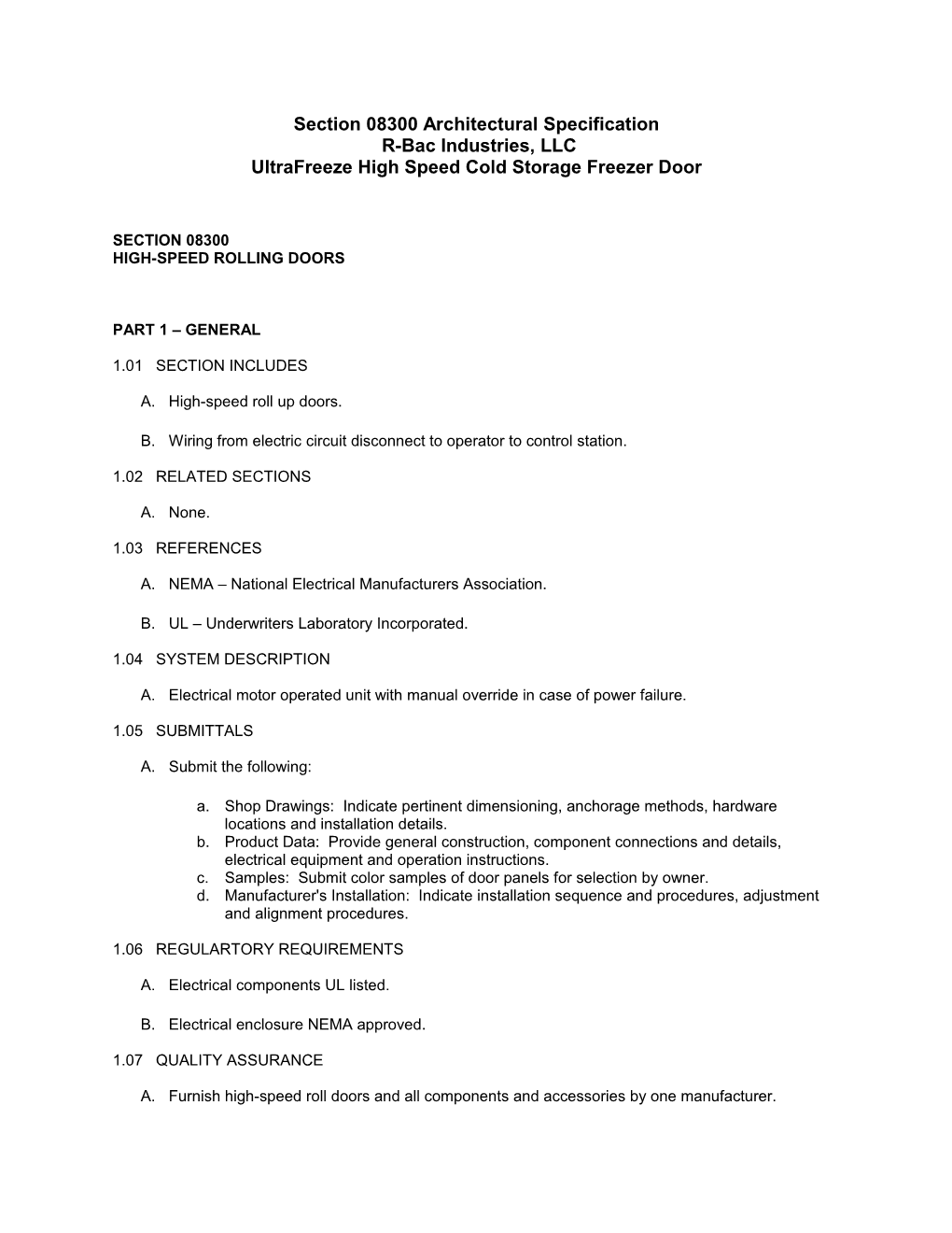 R-Bac Ultrafreeze Door Long Form Architectural Spec