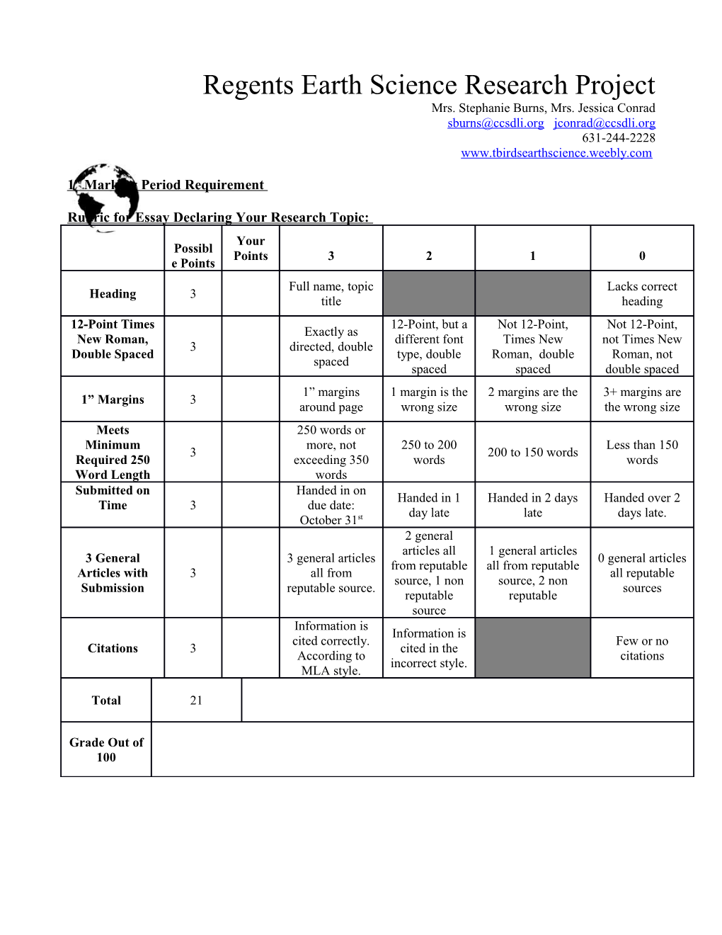 Regents Earth Science Research Project