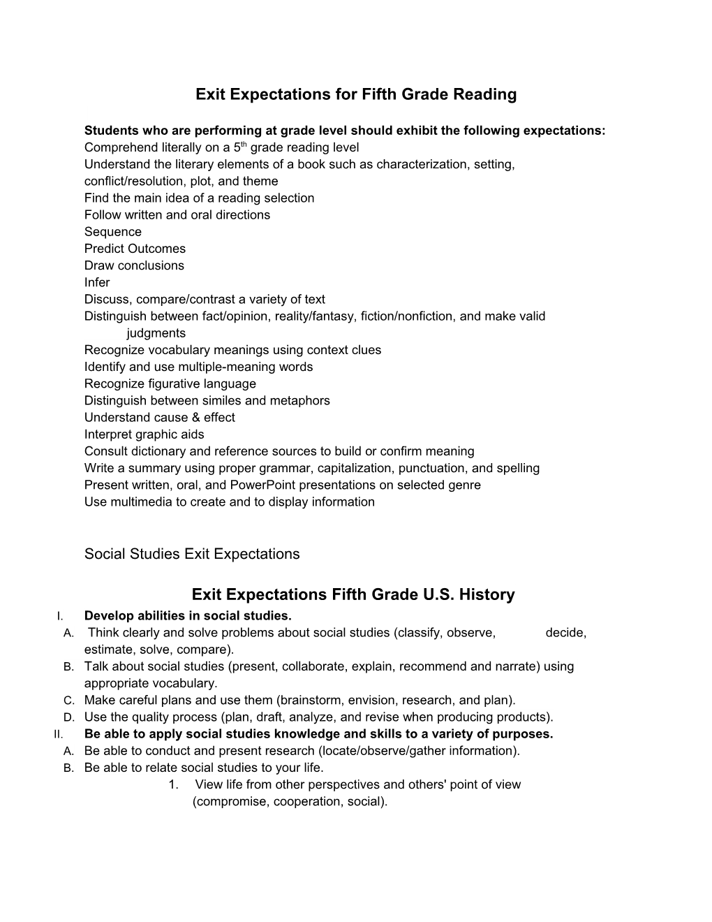 Fifth Grade Exit Expectations