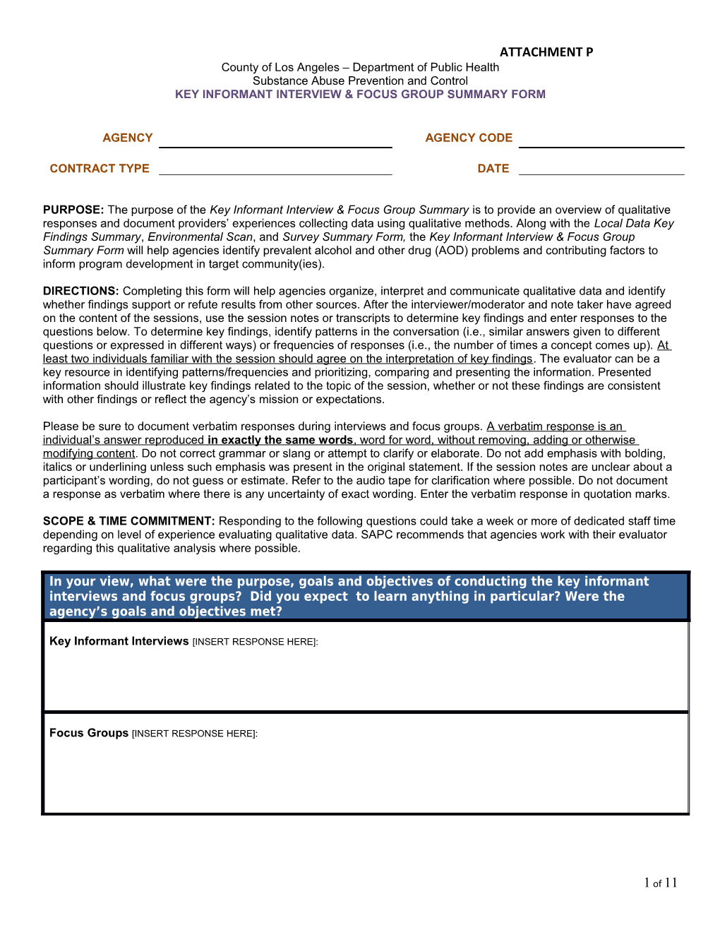 Key Informant Interview & Focus Group Summary FORM