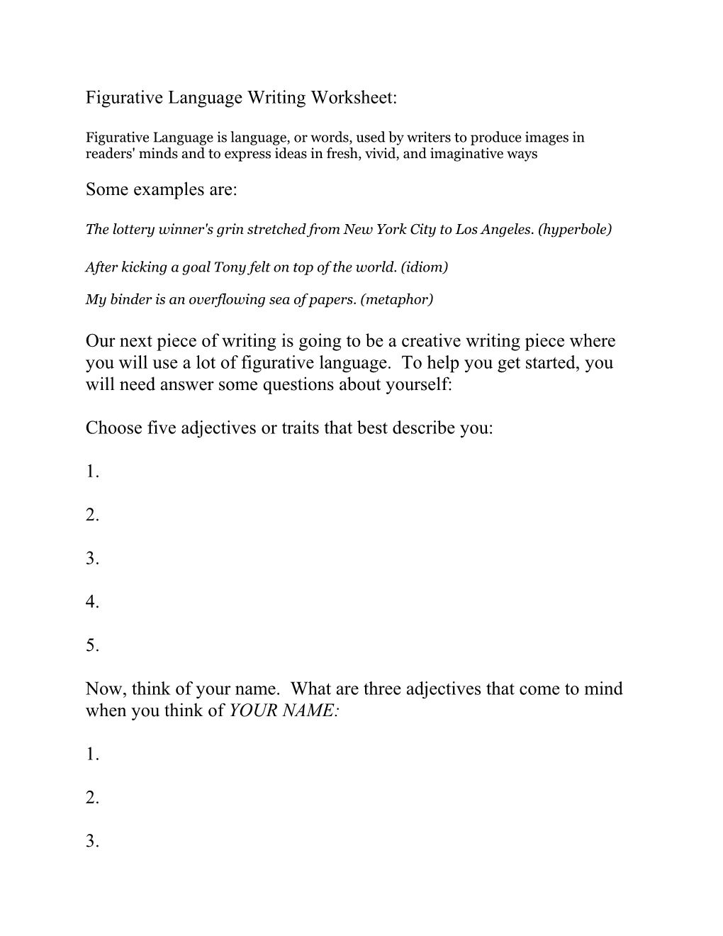 Figurative Language Writing Worksheet