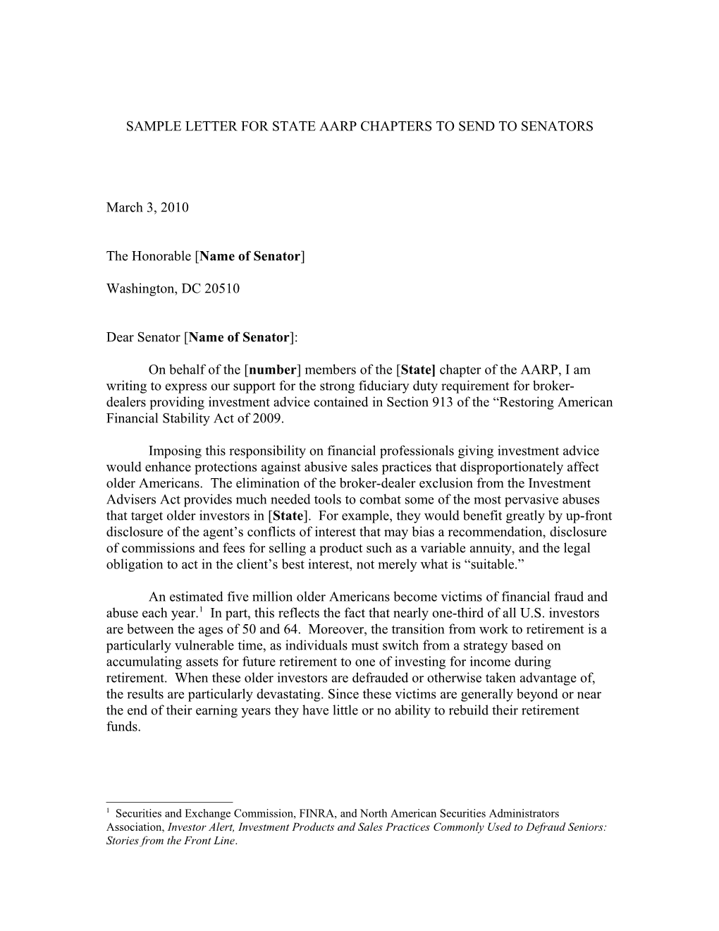Sample Letter for State Aarp Chapters to Send to Senators