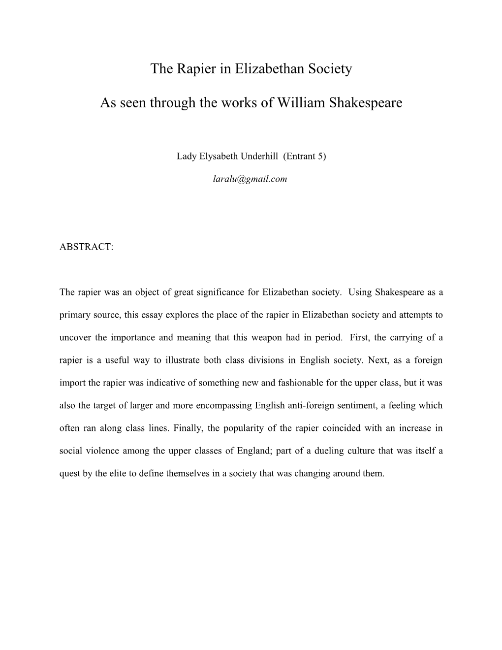 The Rapier in Elizabethan Society