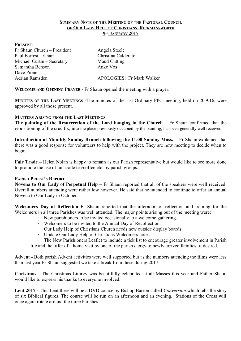 Summary Note of the Meeting of the Pastoral Council