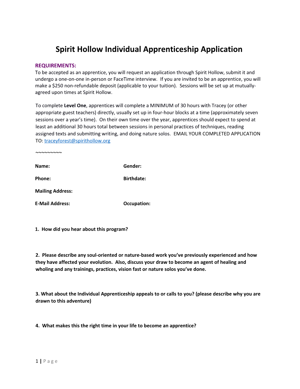 Spirit Hollow Individual Apprenticeship Application