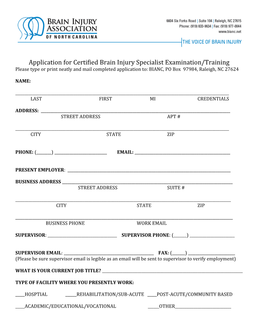 Application for Certified Brain Injury Specialist Examination/Training