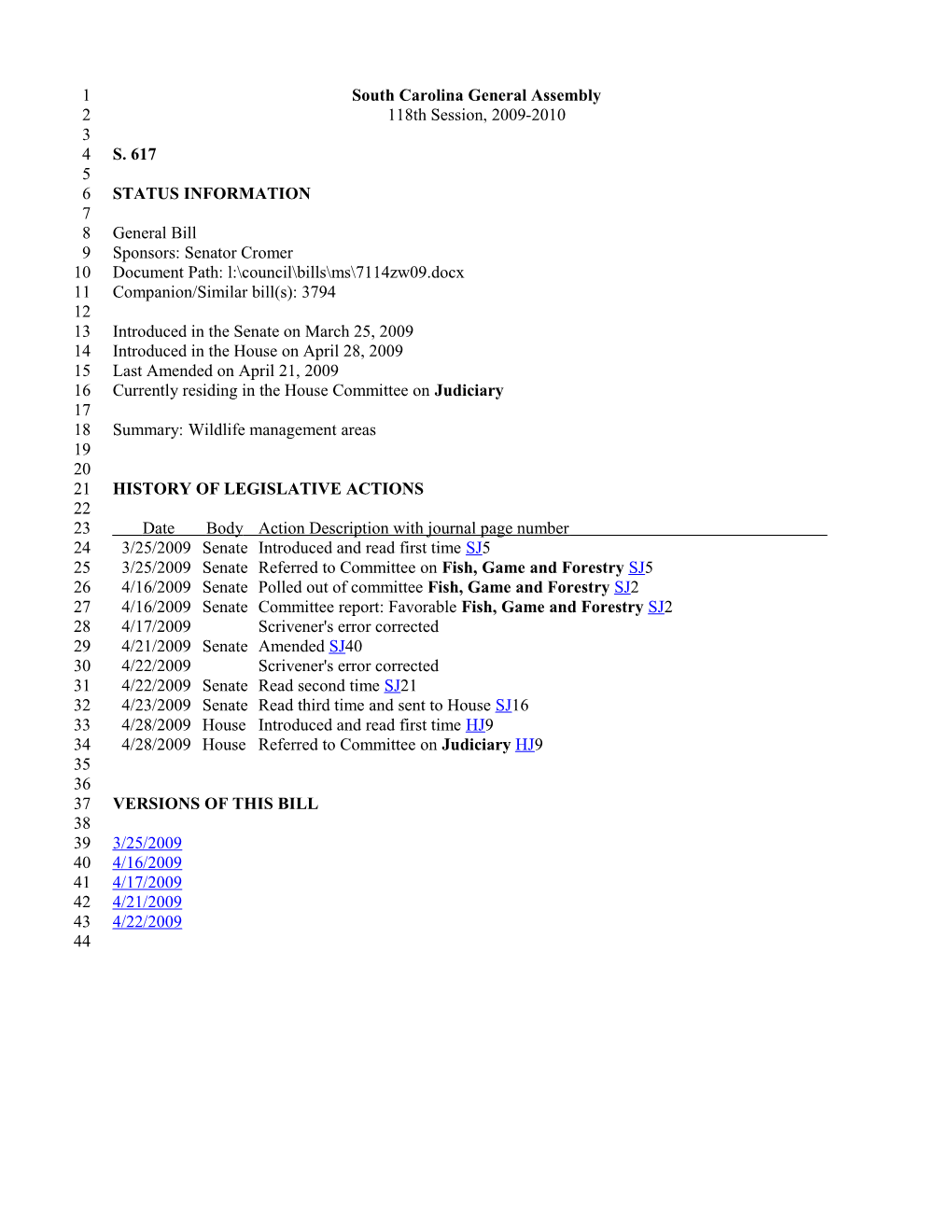 2009-2010 Bill 617: Wildlife Management Areas - South Carolina Legislature Online