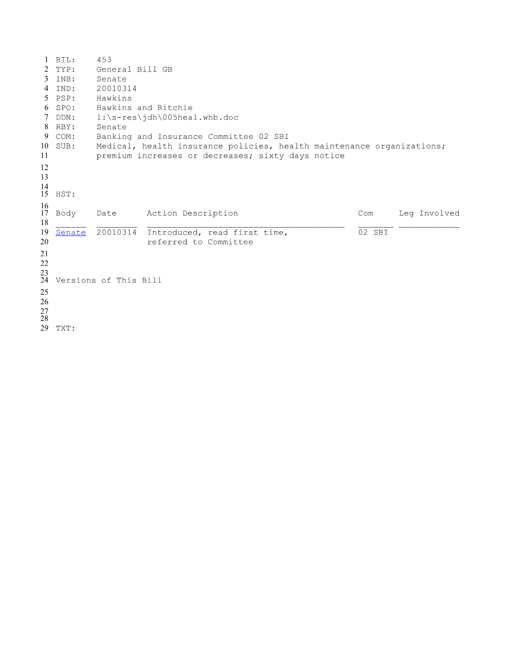 2001-2002 Bill 453: Medical, Health Insurance Policies, Health Maintenance Organizations;