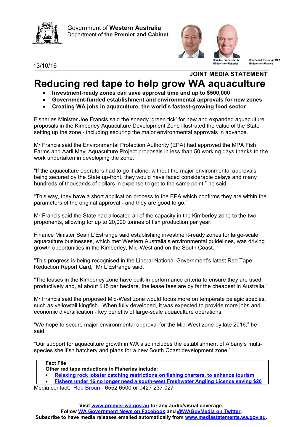 Submission DR105 - Attachment 1: WA Fisheries Minister Media Release - Reducing Red Tape