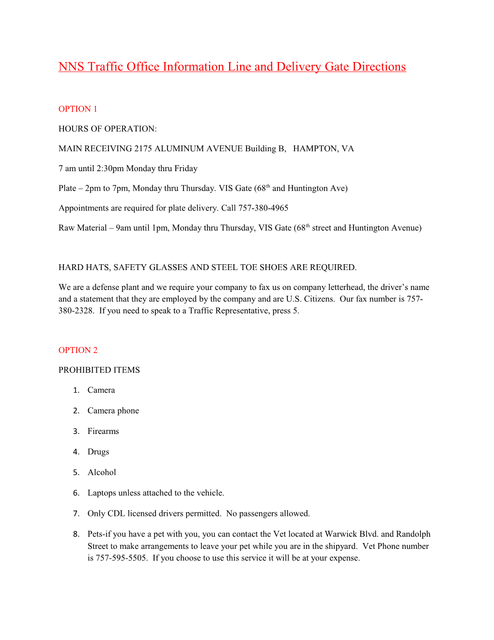 NNS Traffic Office Information Line and Delivery Gate Directions