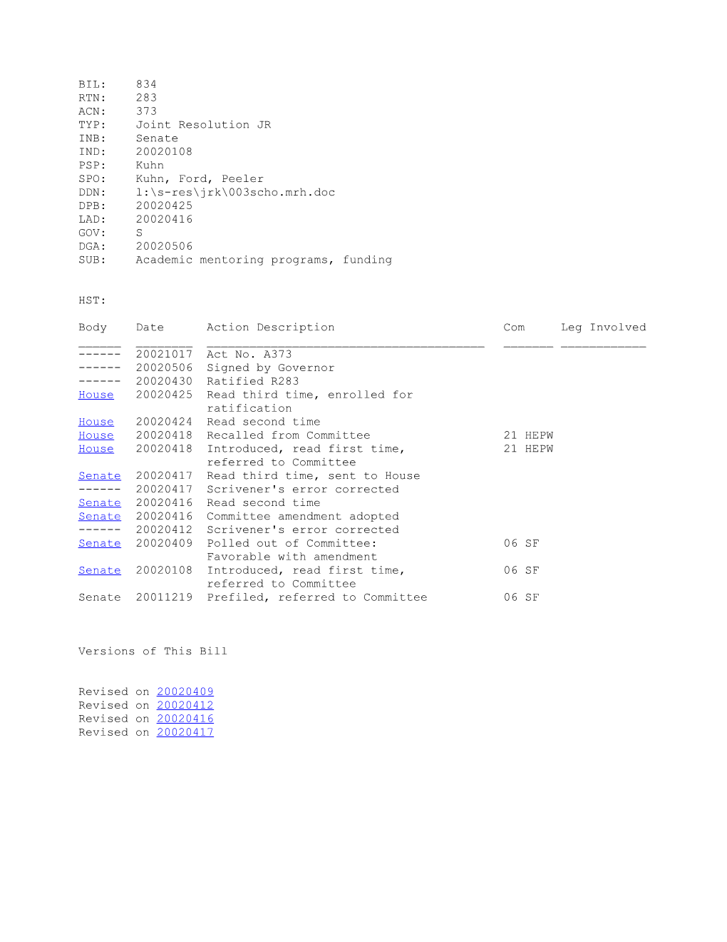 2001-2002 Bill 834: Academic Mentoring Programs, Funding - South Carolina Legislature Online