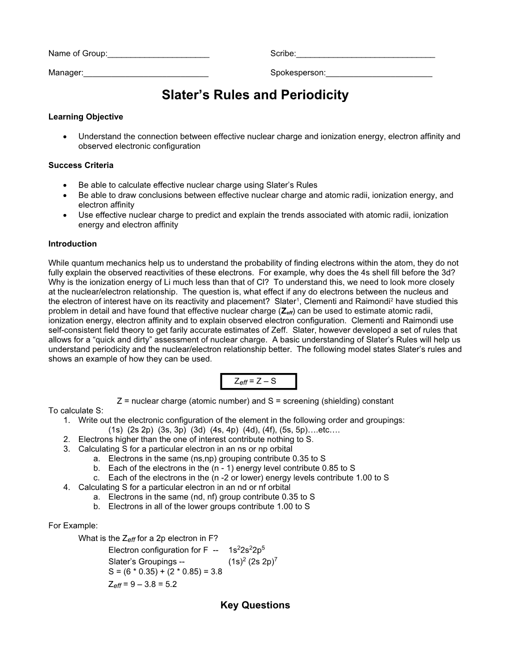 Slater S Rules and Periodicity