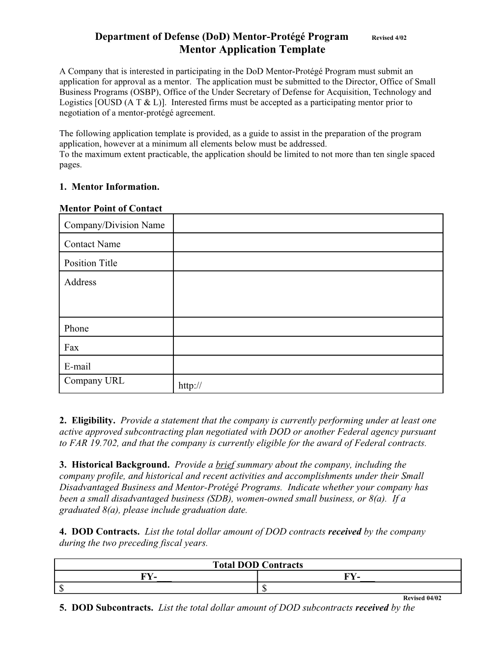 Department of Defense Mentor-Protégé Program Application