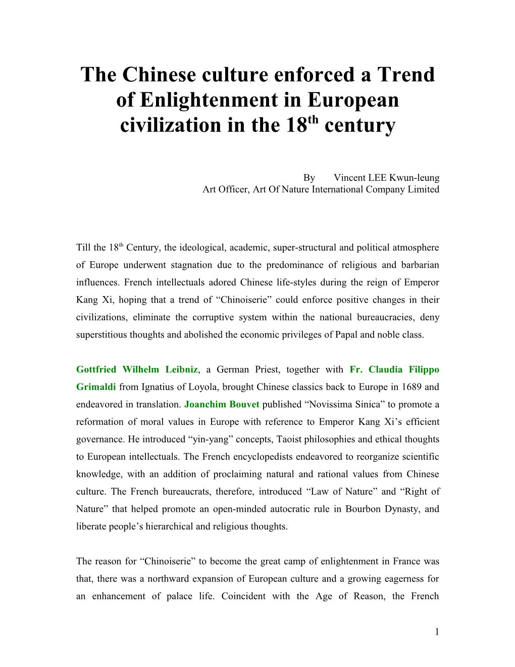 The Chinese Culture Enforced a Trend of Enlightenment in European Civilization in the 18Th