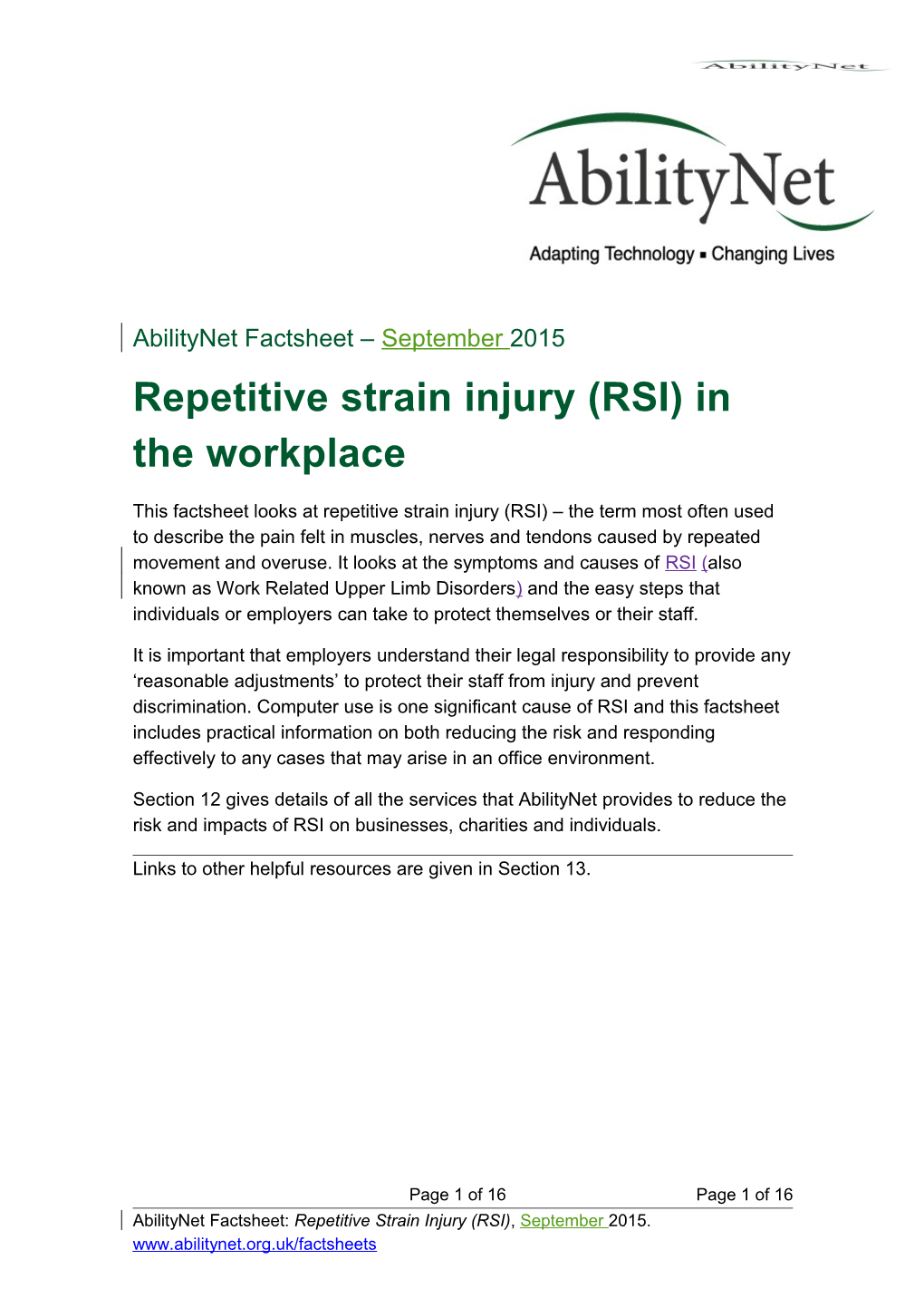 Repetitive Strain Injury (RSI) in the Workplace