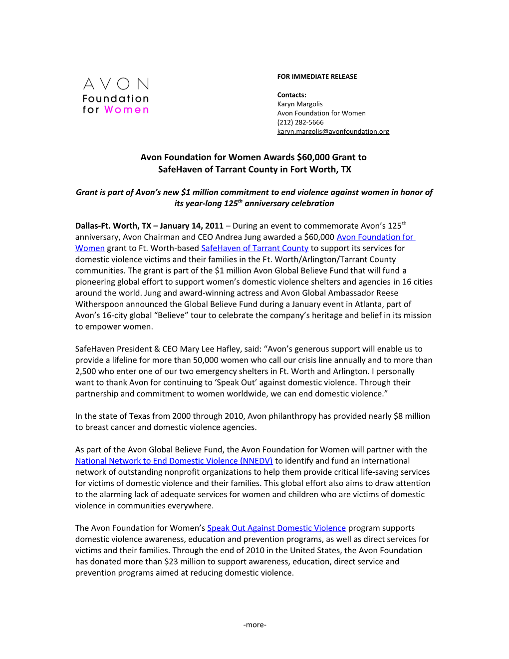 Avonfoundation for Women Awards $60,000 Grant To