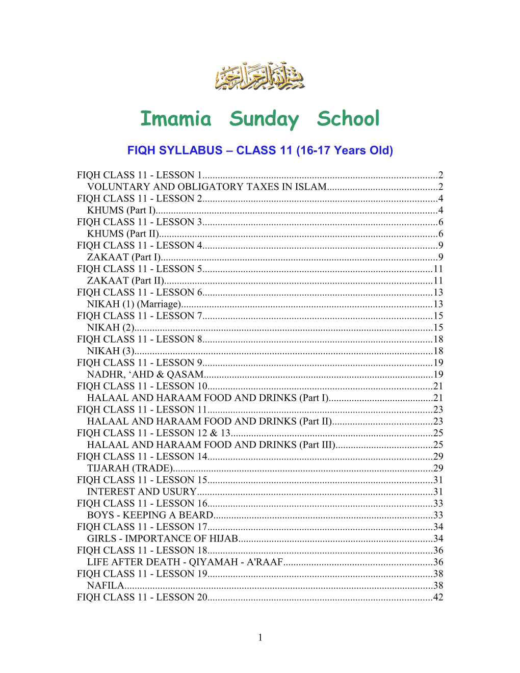 FIQH SYLLABUS CLASS 11 (16-17 Years Old)