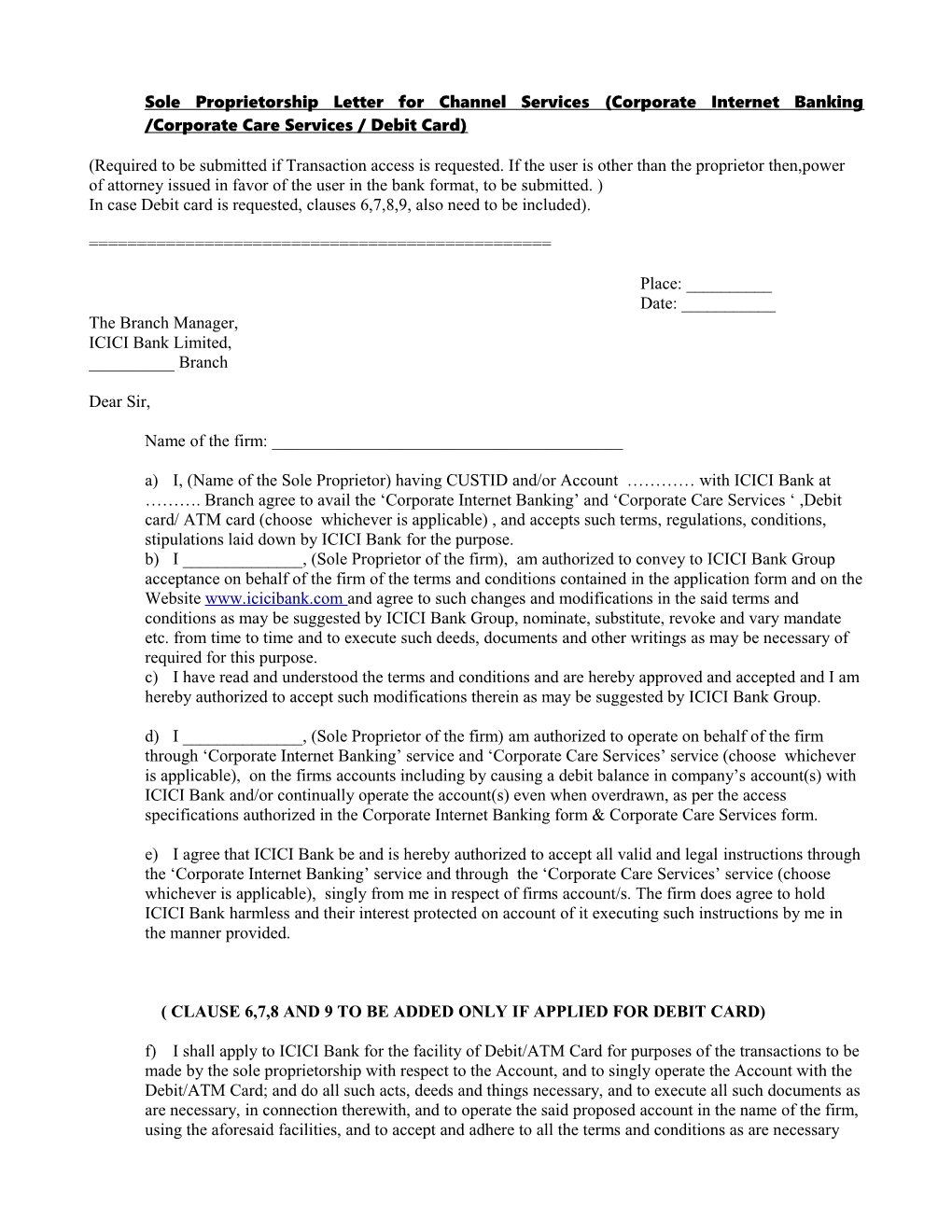 Sole Proprietorship Letter for Channel Services (Corporate Internet Banking /Corporate