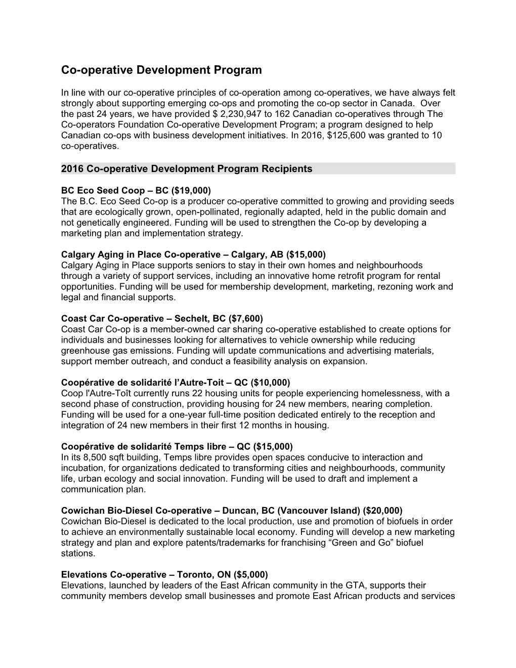 2016 Co-Operative Development Program Recipients