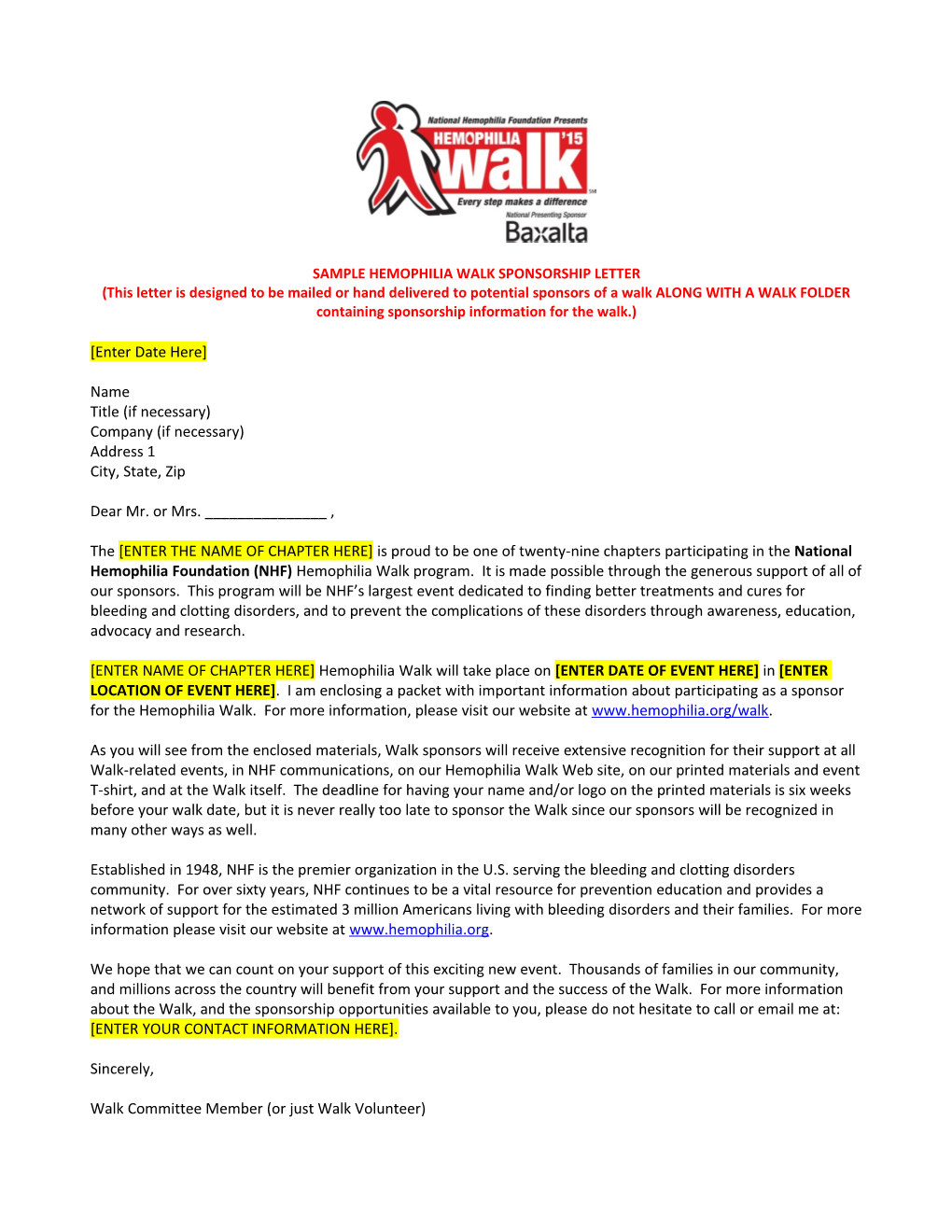 Sample Hemophilia Walk Sponsorship Letter