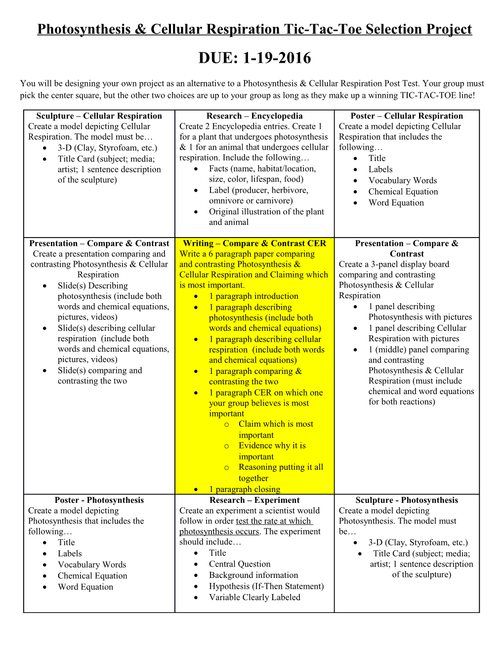 Photosynthesis & Cellular Respiration Tic-Tac-Toe Selection Project