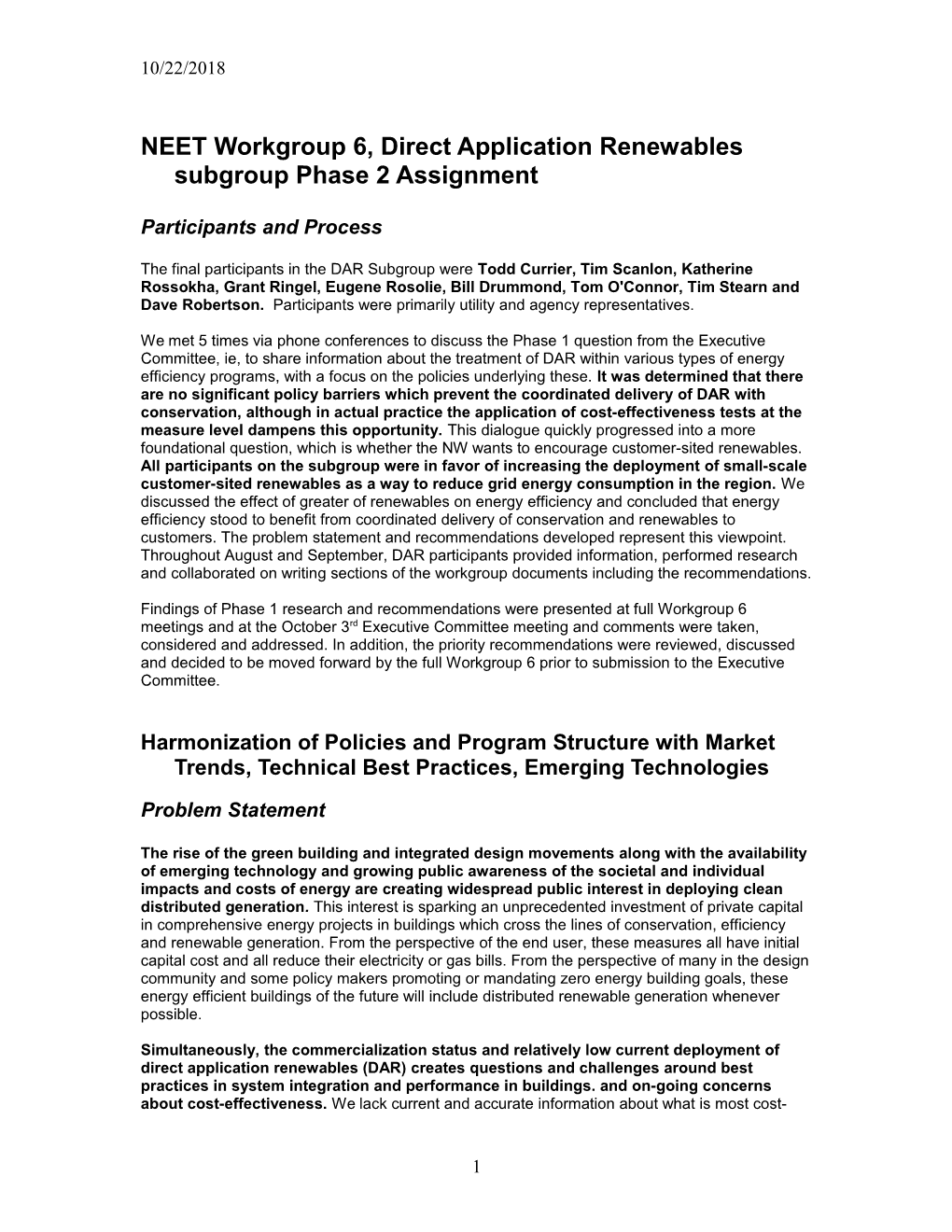 NEET Workgroup 6, Direct Application Renewables Subgroup Phase 2 Assignment