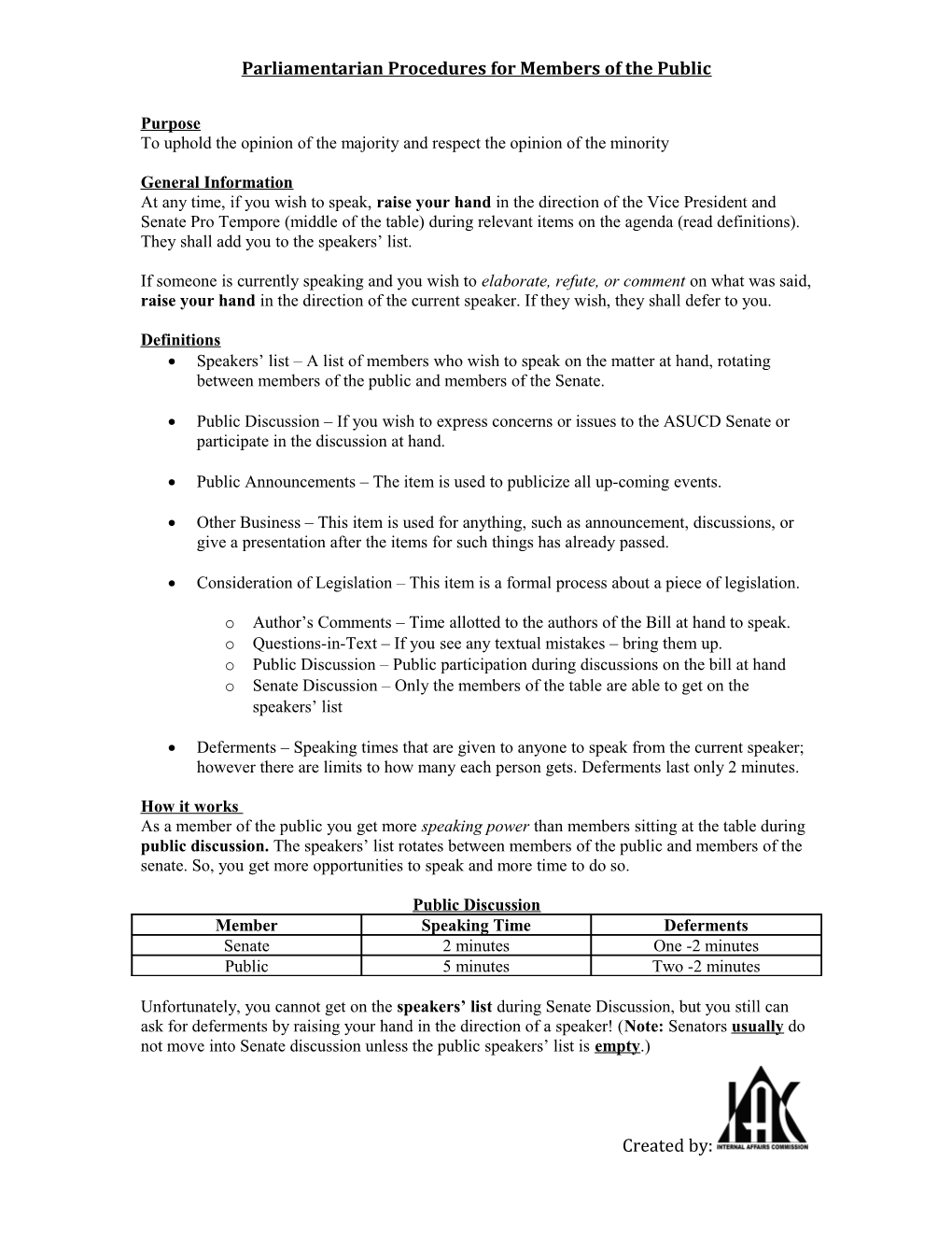 Parliamentarian Procedures for Members of the Public