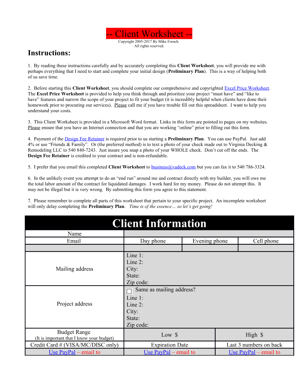 Client Worksheet