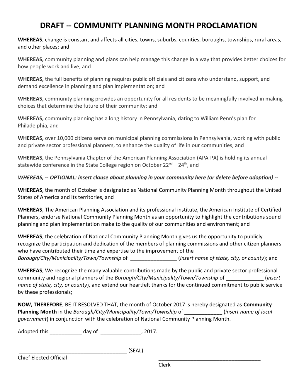 Draft Community Planning Monthproclamation