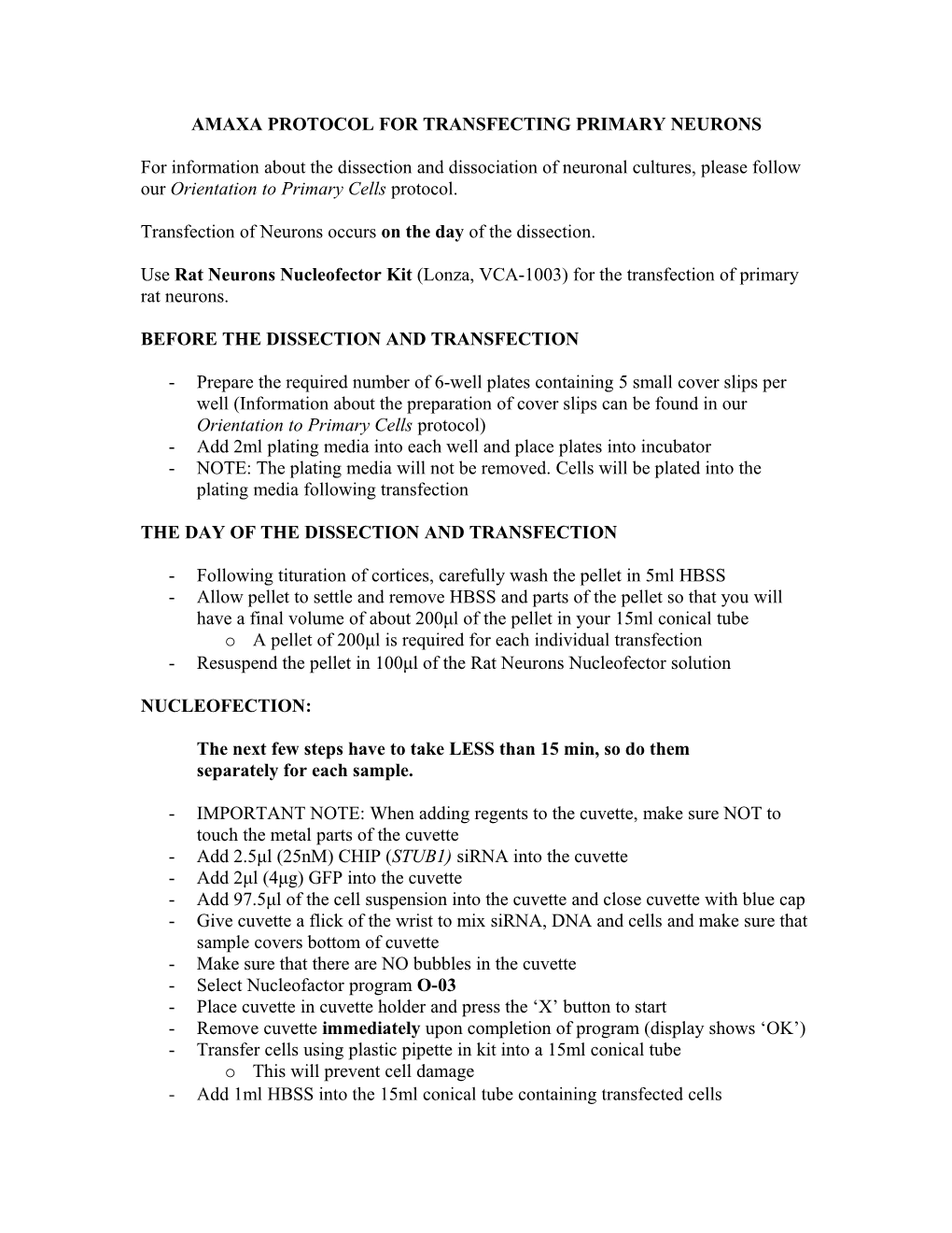 Amaxa Protocol for Transfecting Raw264