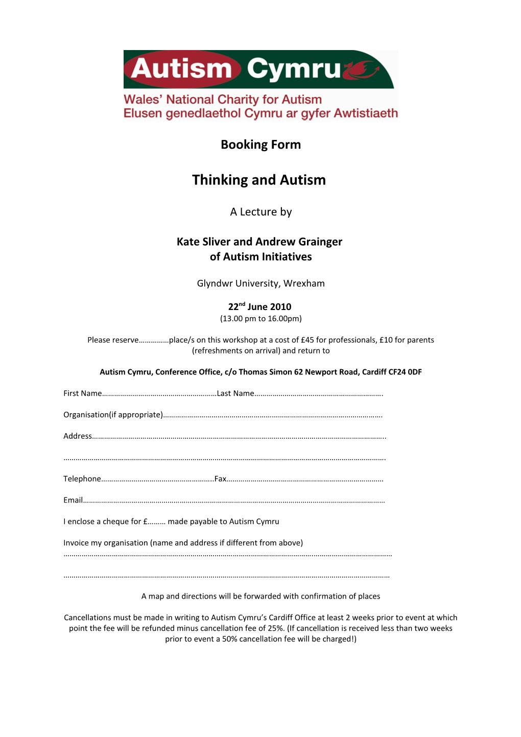 Thinking and Autism 22Nd June 2010 (Booking Form)