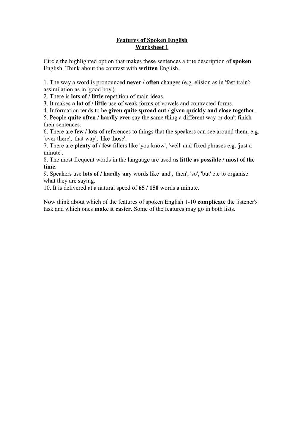 Features of Spoken English Worksheet 1