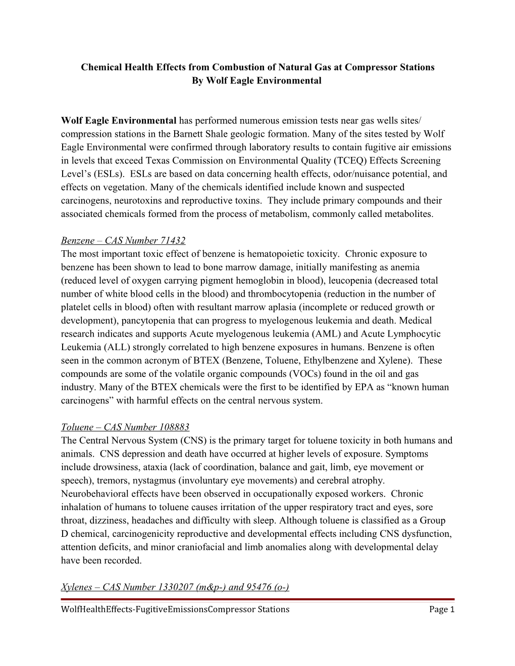 Chemical Health Effects from Combustion of Natural Gas at Compressor Stations