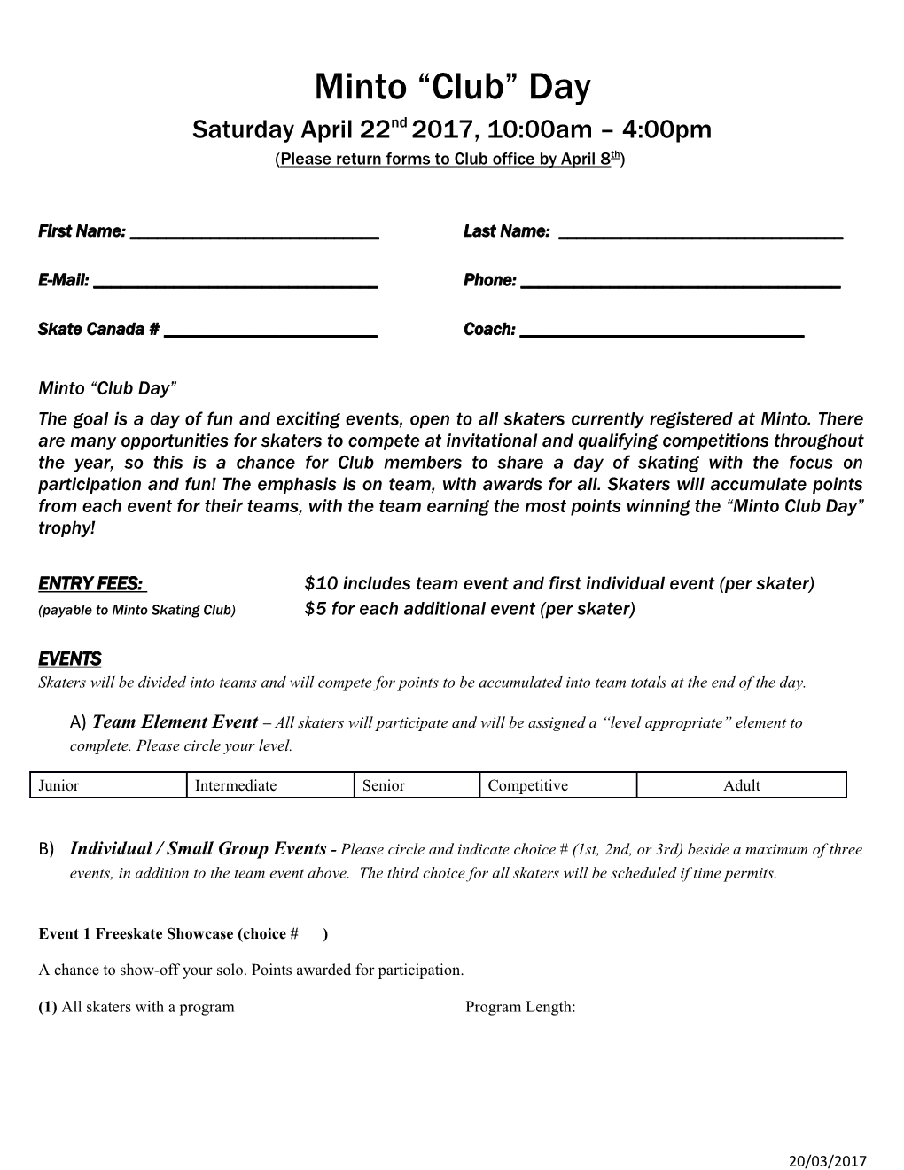 Please Returnforms to Club Office by April 8Th