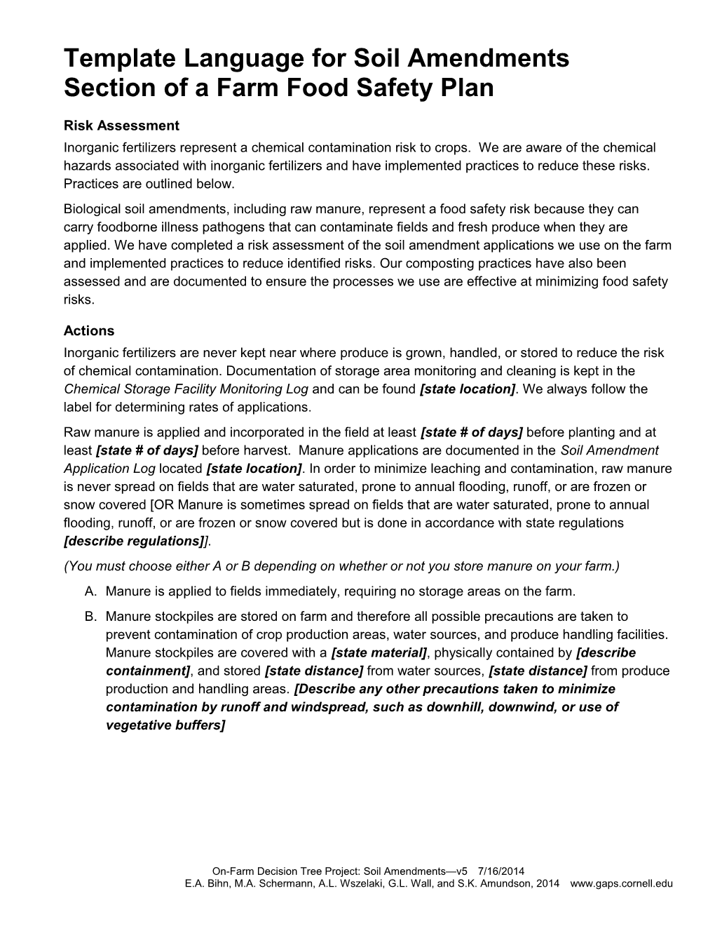 Template Language for Soil Amendments Section of a Farm Food Safety Plan