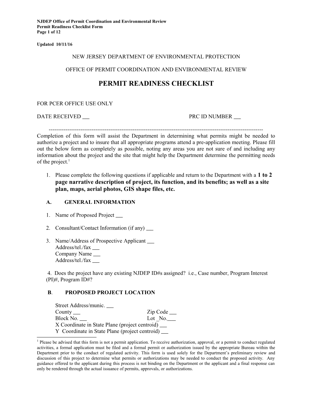 NJDEP Permit Readiness Checklist Form