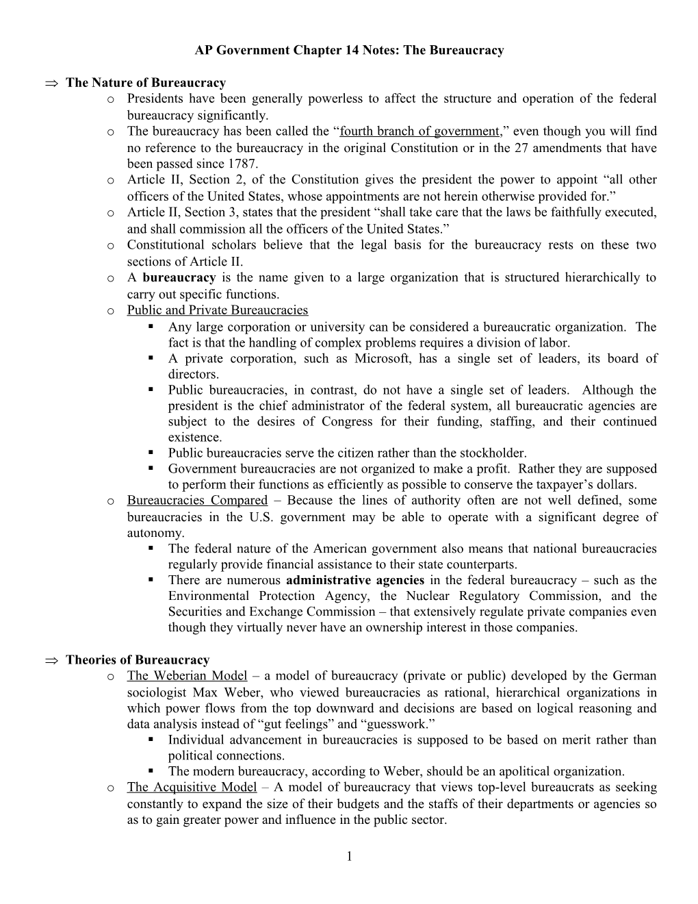 AP Government Chapter 14 Notes: the Bureaucracy