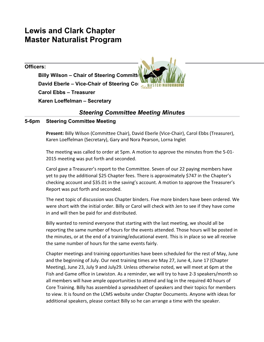 Idaho Master Naturalist Lewis and Clark Chapter Meeting Minutes, 05-14-2015