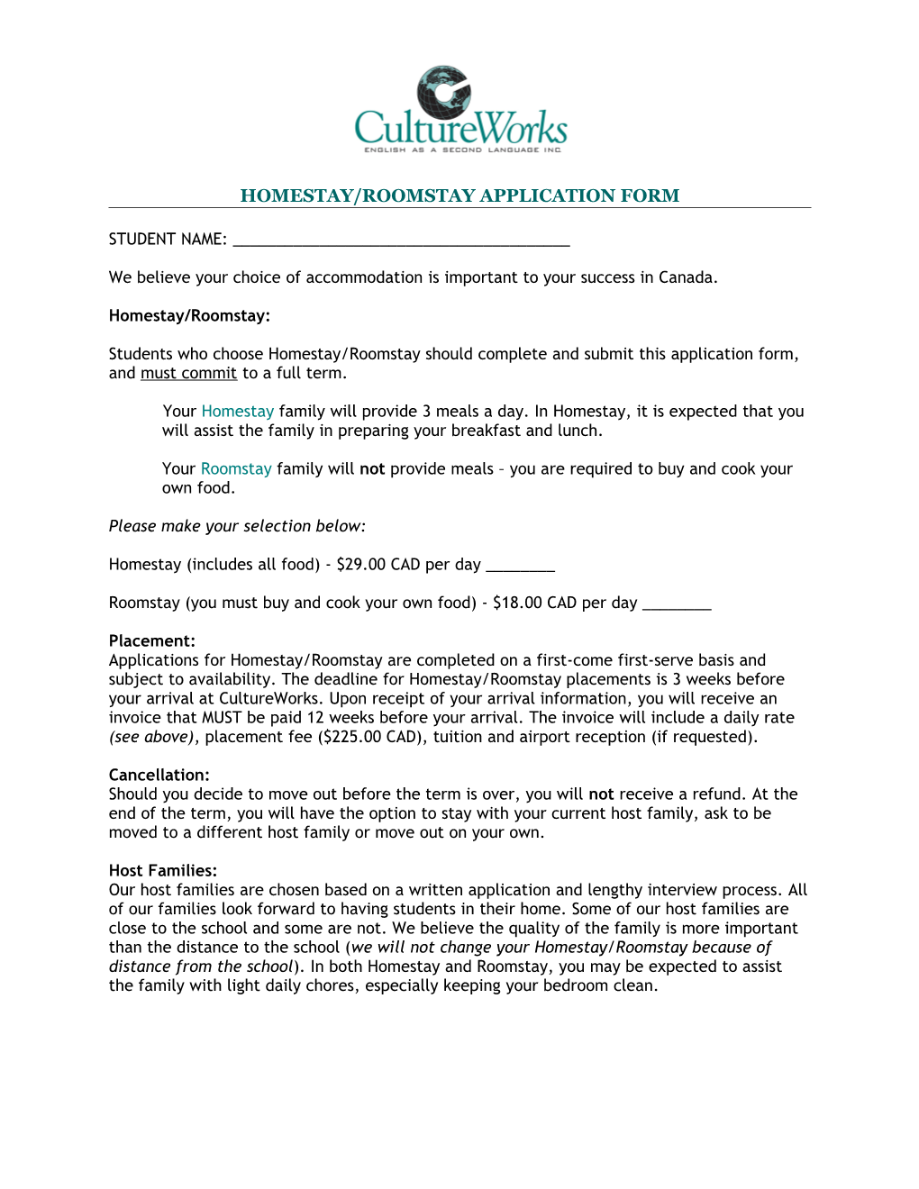 Homestay/Roomstay Application Form